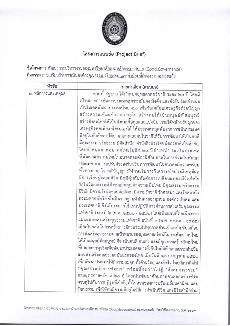 โครงการ พัฒนาการบริหารงานของมหาวิทยาลัยตามหลักธรรมาภิบาล (Good Governance) ประจำปีงบประมาณ พ.ศ. ๒๕๖๗