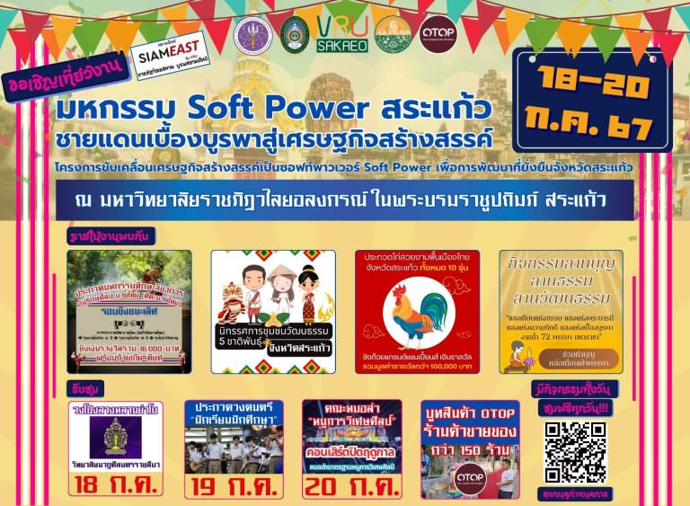 ขอเชิญเที่ยวงานมหกรรม Soft Power สระแก้ว ชายแดนเบื้องบูรพาสู่เศรษฐกิจสร้างสรรค์ ณ มหาวิทยาลัยราชภัฏวไลยอลงกรณ์ ในพระบรมราชูปถัมภ์ สระแก้ว