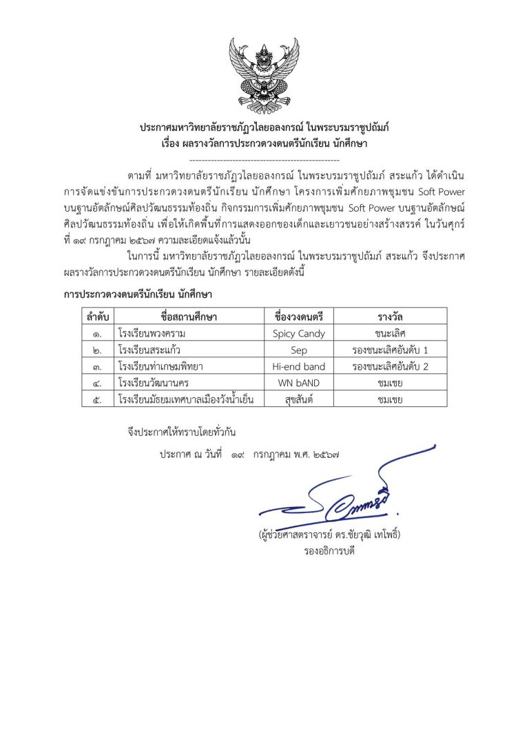 ประกาศผลรางวัลการประกวดวงดนตรีนักเรียน นักศึกษา วันศุกร์ที่ 19 กรกฎาคม 2567 ในงานมหกรรม Soft Power สระแก้ว ชายแดนเบื้องบูรพาสู่เศรษฐกิจสร้างสรรค์ #SoftPowerสระแก้ว