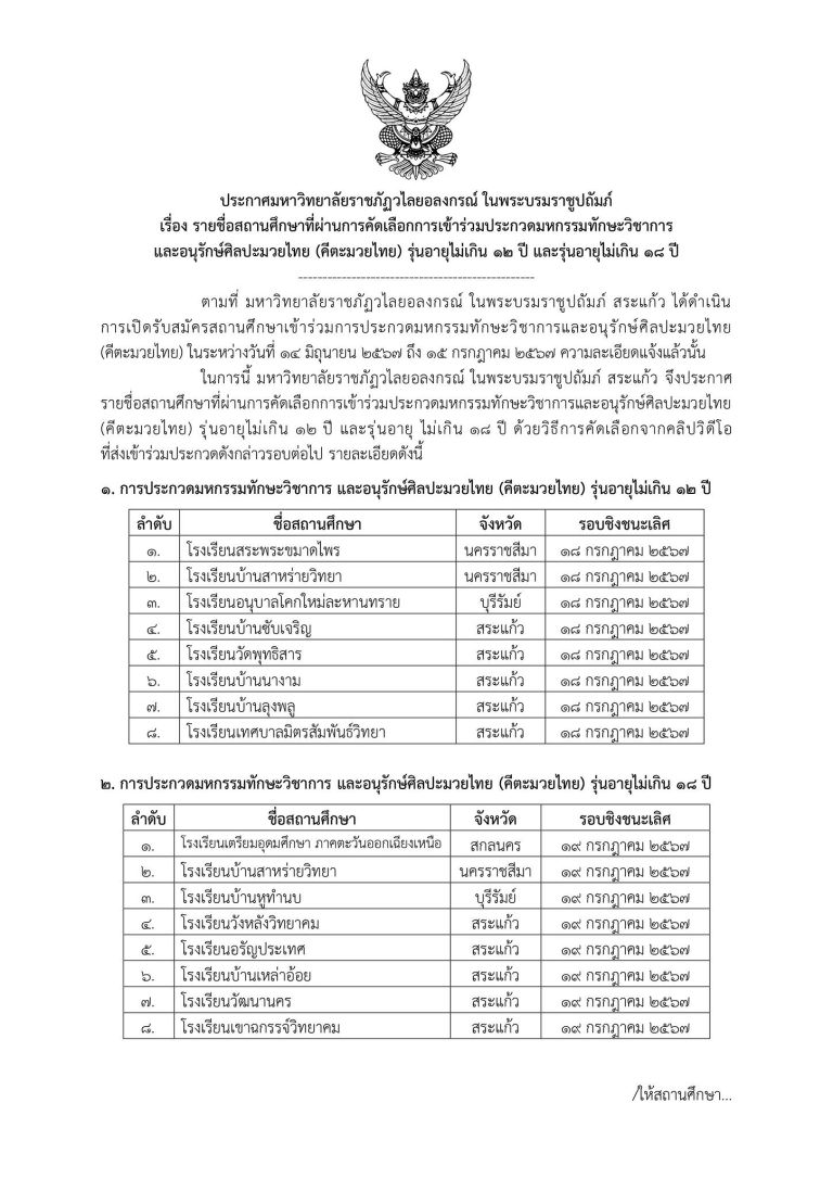 ประกาศรายชื่อสถานศึกษาที่ผ่านการคัดเลือกการเข้าร่วมประกวดมหกรรมทักษะวิชาการ และอนุรักษ์ศิลปะมวยไทย (คีตะมวยไทย) รุ่นอายุไม่เกิน 12 ปี และรุ่นอายุไม่เกิน 18 ปี