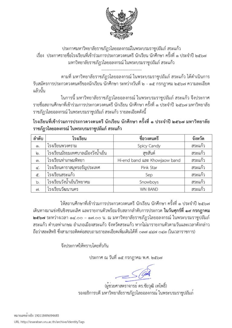ประกาศรายชื่อสถานศึกษาที่เข้าร่วมการประกวดวงดนตรี นักเรียน นักศึกษา ครั้งที่ ๑ ประจำปี ๒๕๖๗