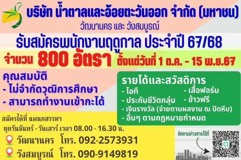 บริษัท น้ำตาลและอ้อยตะวันออก จำกัด (มหาชน) วัฒนานครและวังสมบูรณ์ ประกาศรับสมัครงานพนักงานฤดูกาล ประจำปี 2567/68 จำนวน 800 อัตรา เปิดรับสมัครตั้งแต่วันนี้ – 15 พ.ย. 67
