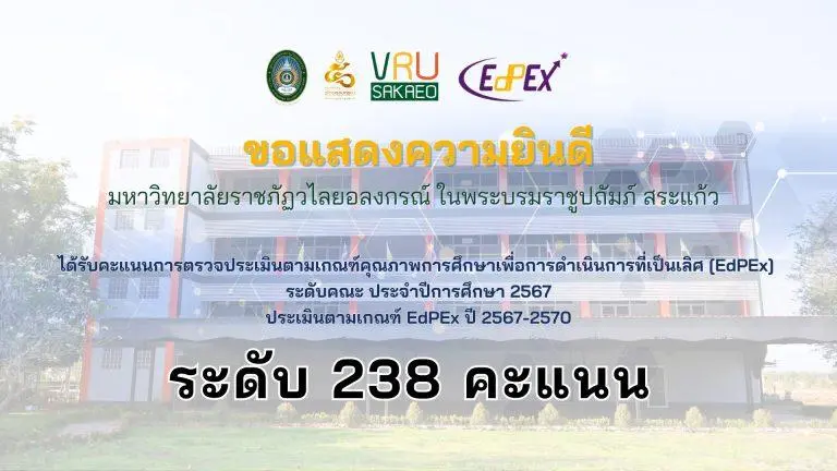 ✨ขอแสดงความยินดี✨ มหาวิทยาลัยราชภัฏวไลยอลงกรณ์ ในพระบรมราชูปถัมภ์ สระแก้ว  ได้รับคะแนนการตรวจประเมินตามเกณฑ์คุณภาพการศึกษาเพื่อการดำเนินการที่เป็นเลิศ (EdPEx) ประจำปีการศึกษา 2567 