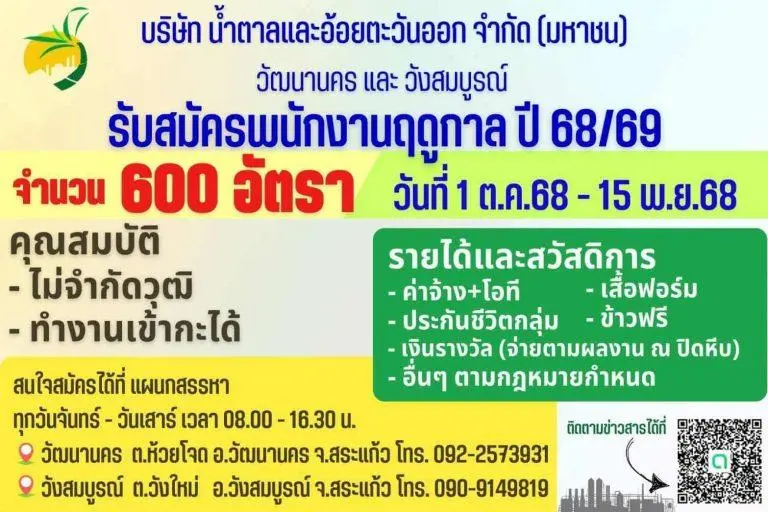 บริษัท น้ำตาลและอ้อยตะวันออก จำกัด (มหาชน) วัฒนานคร และวังสมบูรณ์ รับสมัครพนักงานฤดูกาล ปี 68/69 จำนวน 600 อัตรา ตั้งแต่วันที่ 1 ต.ค. – 15 พ.ย. 68