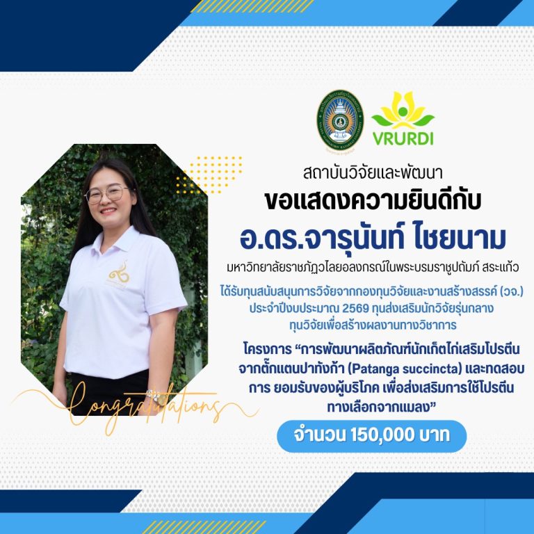 🎊ขอแสดงความยินดีกับอาจารย์ ดร.จารุนันท์ ไชยนาม (หัวหน้าโครงการ) เนื่องในโอกาสได้รับทุนสนับสนุนการวิจัยจากกองทุนวิจัยและงานสร้างสรรค์ (วจ.) ประจำปีงบประมาณ 2569 ทุนวิจัยเพื่อสร้างผลงานทางวิชาการ