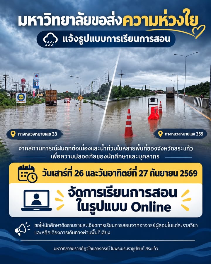 จากสถานการณ์ฝนตกต่อเนื่องและน้ำท่วมในหลายพื้นที่ของจังหวัดสระแก้ว ซึ่งส่งผลกระทบต่อการเดินทาง รวมถึงบ้านเรือนของนักศึกษา บุคลากร และประชาชนบางพื้นที่